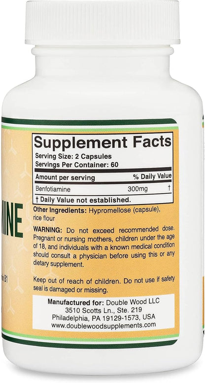 Benfotiamine 300mg Servings (Third Party Tested, 120 Capsules, 150mg Per Cap) Non-GMO, to Boost Thiamine B1 Levels (More Absorbable Than Thiamine, Fat Soluble) by Double Wood