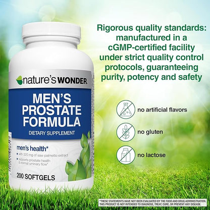Nature's Wonder Men's Prostate Formula with Saw Palmetto, Beta-Sitosterol & Lycopene, 200 Softgels, 100 Days Supply