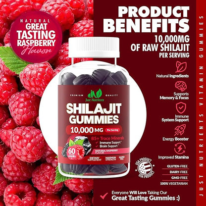 Shilajit Gummies 10,000mg for Men & Women - Maximum Strength Pure Himalayan Shilajit, Gluten-Free, Non-GMO, 100% Vegetarian - Natural Raspberry Flavor - 60 Count