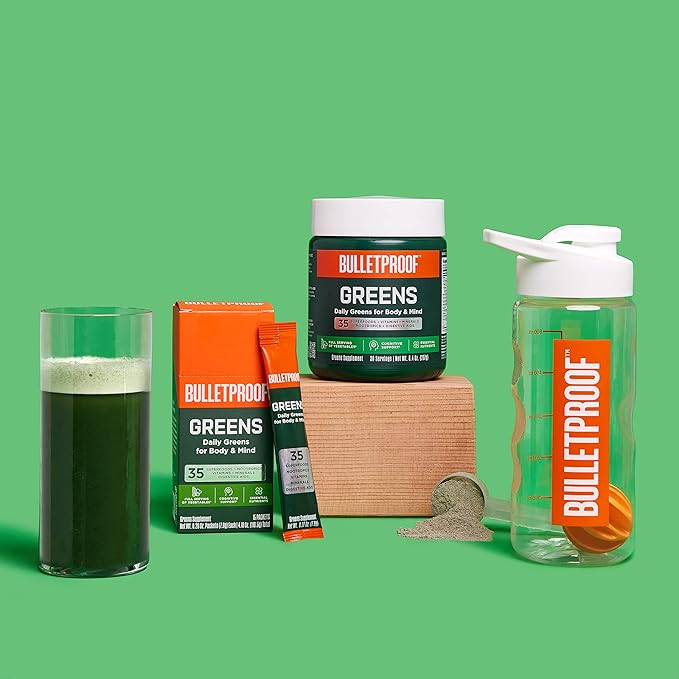 Bulletproof Greens, 8.4 Ounces, Daily Greens Powder for Daily Wellness, 35 Superfoods, and 15 Count Greens Packets Bundle
