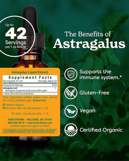 Herb Pharm Certified Organic Astragalus Liquid Extract for Immune System Support - 1 Oz