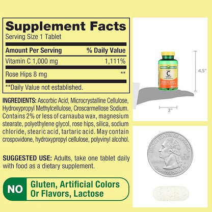 Spring Valley Vitamin C 1000mg with Rose HIPS Tablets Dietary Supplement, Antioxidant Protection, 100 Count (Pack of 1)