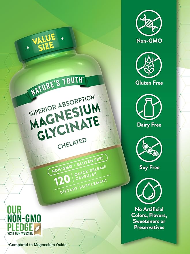 Nature's Truth Magnesium Glycinate 200mg | 120 Capsules | High Absorption Chelated Magnesium | Non-GMO & Gluten Free Mineral Supplement