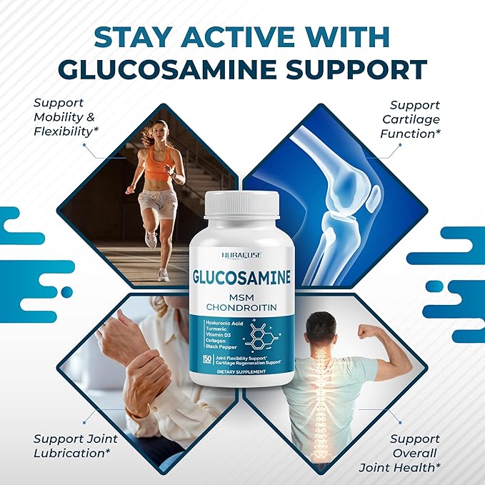 GLUCOSAMINE 9-in-1 Formula - with MSM Chondroitin Collagen Turmeric Hyaluronic Acid Vitamin D3 Non-GMO, Gluten-Free, Soy-Free