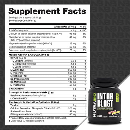 NutraBio Intra Blast Bcaa Powder Amino Acid Supplement, Electrolyte & Hydration Blend, Intra, Pre Workout & Muscle Recovery, 20g Eaa Amino Acids Powder, 5g Glutamine- Strawberry Lemon Bomb, 30 Serving