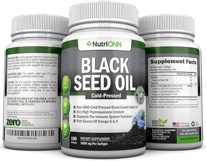 Black Seed Oil - 1000 Mg - 180 Softgels - Cold-Pressed Non-GMO Black Cumin Seed Capsules - Super High Thymoquinone Content - Nigella Sativa - Rich in Omega 6 & 9 Fatty Acids - Immune Health Support