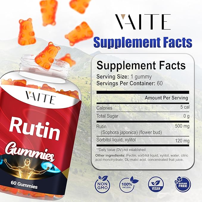 Rutin Supplement 500mg - Sophora Japonica Extract with Bioflavonoids - Antioxidant & Wellness Chewables for Daily Use - Plant-Based Flavonoid Complex - Supports General Well-Being - 60 Vegan Gummies