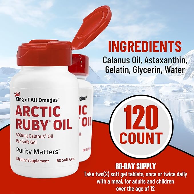 Arctic Ruby Oil - Omega 3 Supplement with Astaxanthin 2mg - Contains Essential Fatty Acids & Antioxidants - Supports Heart, Brain, Eye, Skin, Joint & Immune Health - 60 Softgels (2 Pack)