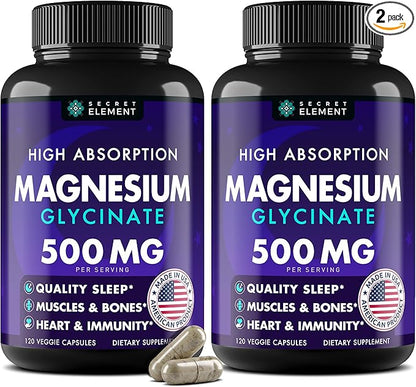 Magnesium Glycinate 500MG Capsules, Magnesium Supplement for Adults & Kids with Kava Kava, High Absorption, Vegan & Non-GMO, 120 Capsules, Pack of 2