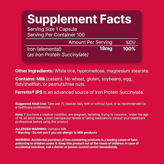 Iron Supplement Capsules 18mg (IPS) - 100-Day Supply of Gentle Iron Supplement for Women & Men - Non-Constipating Iron Supplement for Anemia
