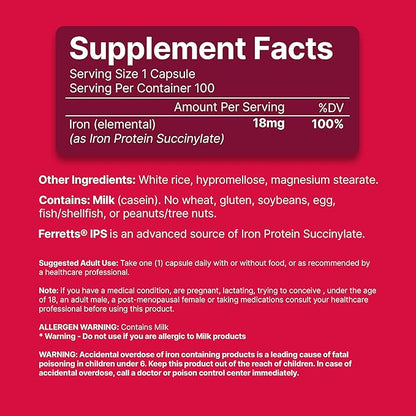Iron Supplement Capsules 18mg (IPS) - 100-Day Supply of Gentle Iron Supplement for Women & Men - Non-Constipating Iron Supplement for Anemia
