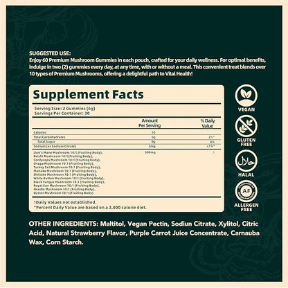 Vital Source Nutrition - Premium Mushroom Gummies - Vitality, Digestion & Energy Support - 10 Types of Premium Mushrooms - Vegan, Gluten-Free & Halal - Wild Strawberry - 60 Gummies - 30 Servings