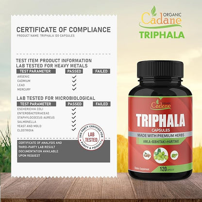 Organic Cadane Triphala (3 Fruit Powders) Supplement, 120 Veggie Capsules | Improves Digestion Function, Supports Immune System