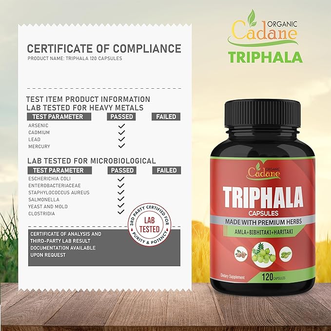 Organic Cadane Triphala (3 Fruit Powders) Supplement, 120 Veggie Capsules | Improves Digestion Function, Supports Immune System