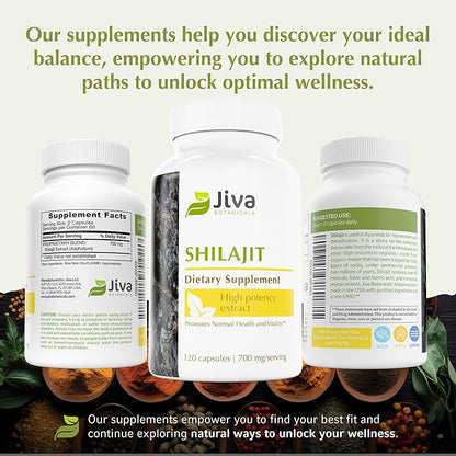 Jiva Botanicals Premium Shilajit Supplement 700 mg - Shilajit Capsules Extract with Minerals, Fulvic/Humic Acid for Immune Support & Nomal Digestive Health - 120 Vegan Capsule