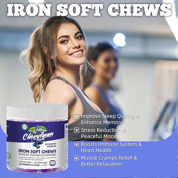 Iron Soft Chew Supplement with Vitamin C | Blueberry Flavored | Gluten Free | Iron Supplement for Women Men and Kids | 60 Count | 2 Month Supply