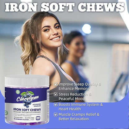 Iron Soft Chew Supplement with Vitamin C | Blueberry Flavored | Gluten Free | Iron Supplement for Women Men and Kids | 60 Count | 2 Month Supply