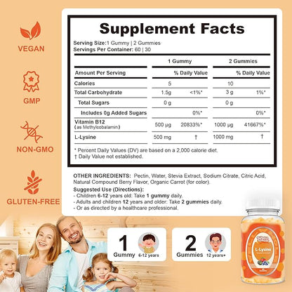 L-Lysine Gummies 1000mg - L-Lysine Supplements for Kids and Adults - Lip and Cold Sore* Support for Women - Chewable Lysine Gummies with Vitamin B12 - Vegan, Non GMO, Gluten-Free, 60 Counts