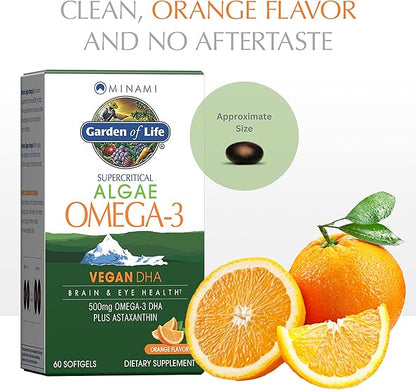 Garden of Life Minami Algae Omega 3 Vegan DHA for Brain and Eye Health - Orange Flavor, 500mg Plant Based DHA Omega-3 Vegan Algae Oil Plus Astaxanthin, No Aftertaste, 60 Easy-to-Swallow Mini Softgels