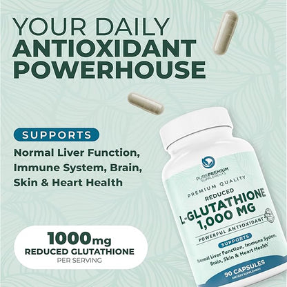 PurePremium Reduced Glutathione 1000mg Per Serving - 500mg Per Capsule – L-Glutathione Supplement & Antioxidant Support for Normal Liver, Brain, Skin & Heart Health – 90 Capsules