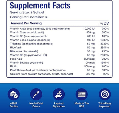 30-in-1 Adult Multivitamin with Iron - Antioxidant Rich Over 50 Multivitamin for Women and Men with Vitamins A C D E B Complex Zinc Magnesium Myo Inositol Lutein Lycopene & More - 1 Month Supply