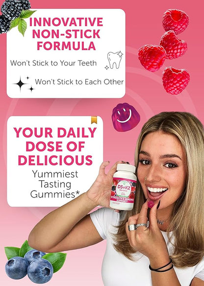 Lunakai USA Made Vitamin D3 K2 Gummies with Calcium for Women, Men & Kids - 3-in-1 Supplement for Bone Health and Immune Support, Vegan 60ct