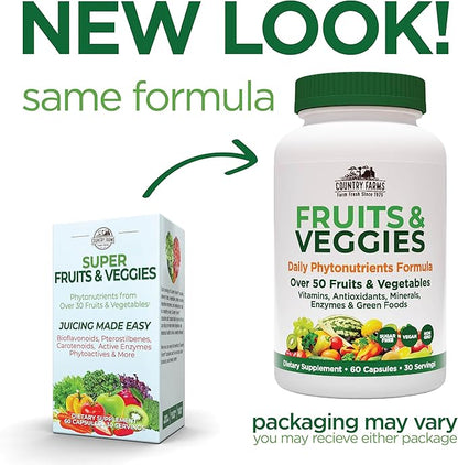 COUNTRY FARMS Super Fruits and Veggies Capsules, Whole Food Supplement, Powerful Antioxidant, Supports Energy, Immune Health, Boosts Digestive Health, 30 Super Foods, 30 Servings