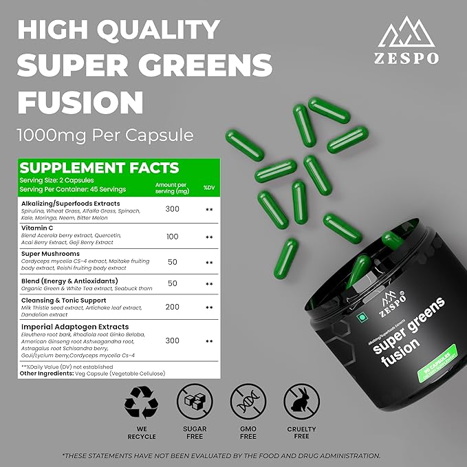 Super Greens Fusion – 1000mg Plant-Based Superfood Blend – Supports Daily Nutritional Balance & Digestive Wellness – Vegan Formula – 90 Capsules