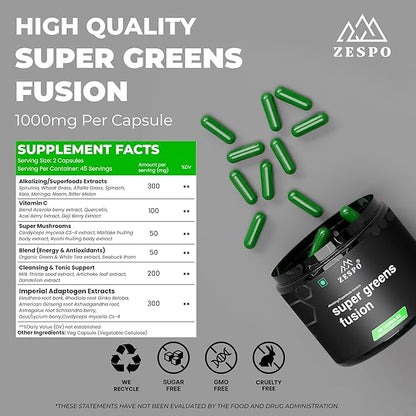 Super Greens Fusion – 1000mg Plant-Based Superfood Blend – Supports Daily Nutritional Balance & Digestive Wellness – Vegan Formula – 90 Capsules