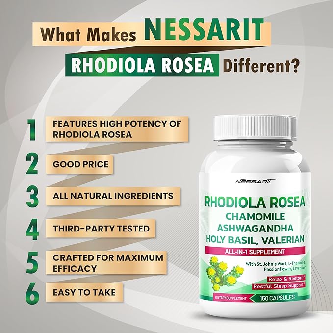 RHODIOLA ROSEA Supplement- 11-in-1 Natural Blend with Chamomile L-Theanine Ashwagandha Holy Basil Valerian Passionflower - 150 Count - Made & Tested in The USA