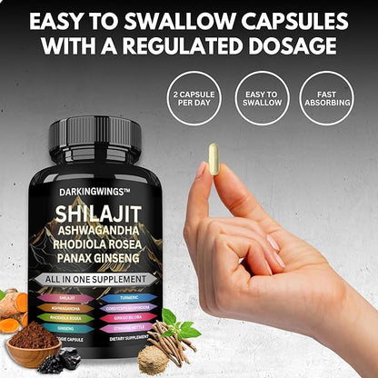 8-in-1 Shilajit 9000 Panax Ginseng 1500MG Ashwagandha 2000MG Rhodiola Rosea 1000MG, Turmeric 500MG, Gingko Biloba 500mg, Stinging Nettle 250MG, Cordyceps Mushroom 500mg for Full Body Power