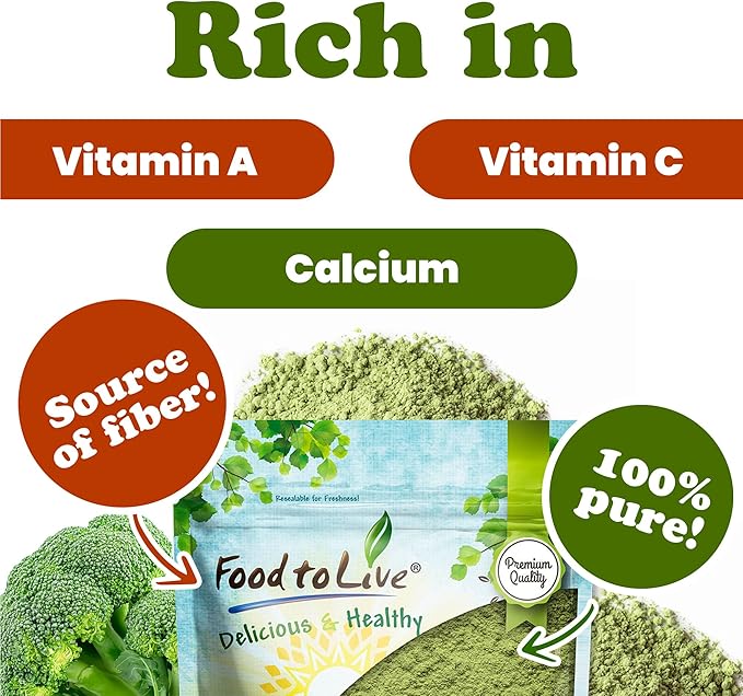 Food to Live Broccoli Powder, 1 Pound – Nutrient-Rich Green Superfood for Smoothies, Shakes and Cooking, High in Fiber, Vitamins and Antioxidants, Vegan, Kosher, Bulk