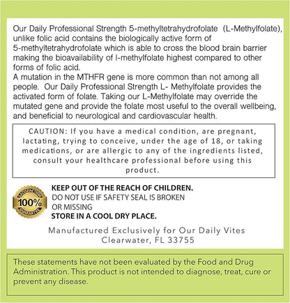 Our Daily Vites L-Methylfolate 7.5 mg / 7500 mcg Maximum Strength Active Folate, 5-MTHF, Filler Free, Gluten Free, Non-GMO, Vegetarian Capsules 60 Capsules