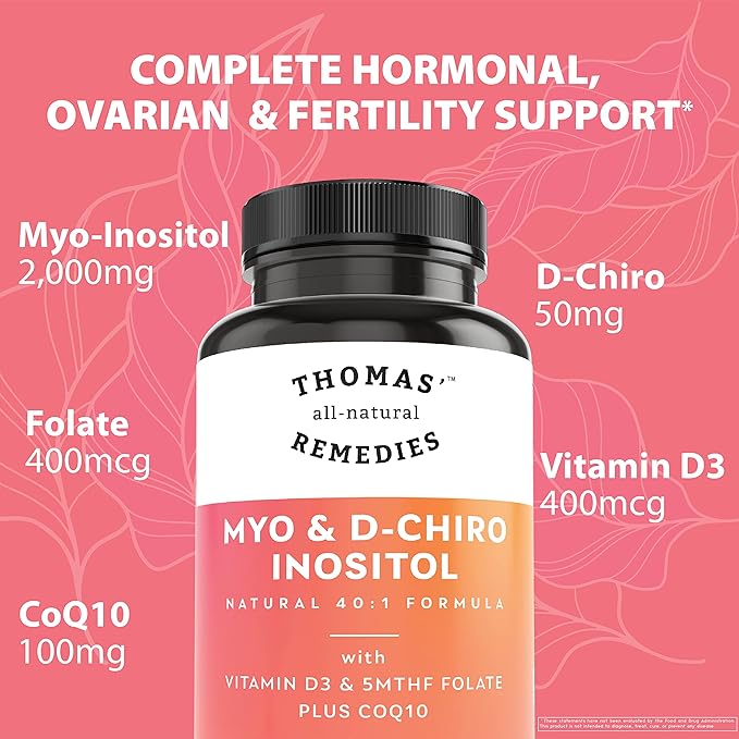 Thomas' all-natural Remedies Myo Inositol Supplement & D-Chiro Inositol Blend Supplement with Folate and Vitamin D3, 40 to 1 Ratio, Non-GMO, No Fillers, CoQ10, 90 Vegan Capsules