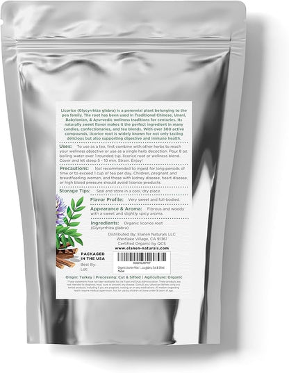 Organic Licorice Root 1 lb. (16 oz.), USDA Certified Organic Licorice Root Tea, Licourice Bulk Chopped, Liquorice, Raiz de Regaliz Licrice, Glycyrrhiza glabra, Cut & Sifted
