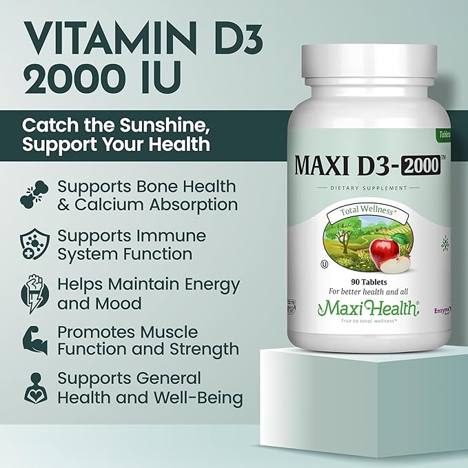 Maxi-Health Vitamin D3 2000 IU - For Healthy Muscle Function, Bone Health and Immune Support – 90 Tablets – Best Kosher Supplement For Adults