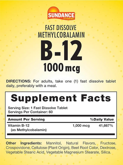 Sundance Vitamin B12 1000 mcg | Fast Dissolve Tablets | As Methylcobalamin | Vegetarian, Non-GMO & Gluten Free Supplement