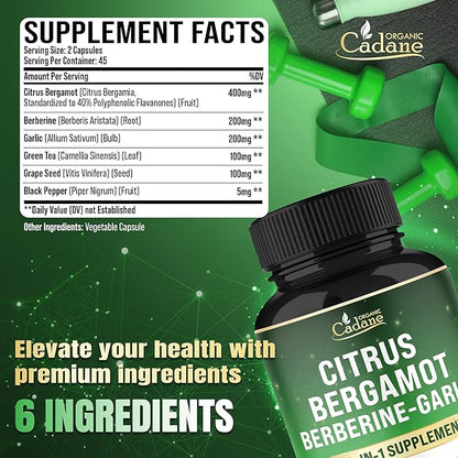 Organic Cadane Citrus Bergamot Supplement with Berberine, Garlic, Green Tea, Grape Seed & Black Pepper | Wellness & Vitality Support | Vegan, Non-GMO – 90 Capsules – 45-Day Supply