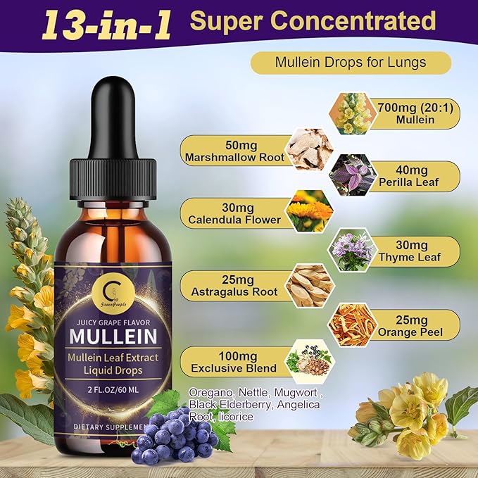 Mullein Leaf Extract Drops for Lungs - Lung Cleanse & Detox, Natural Mullein Leaf Liquid Drops, Support for Respiratory, Immune, Digestive System, Vegan, Non-GMO, Grape Flavor, 2 FL OZ