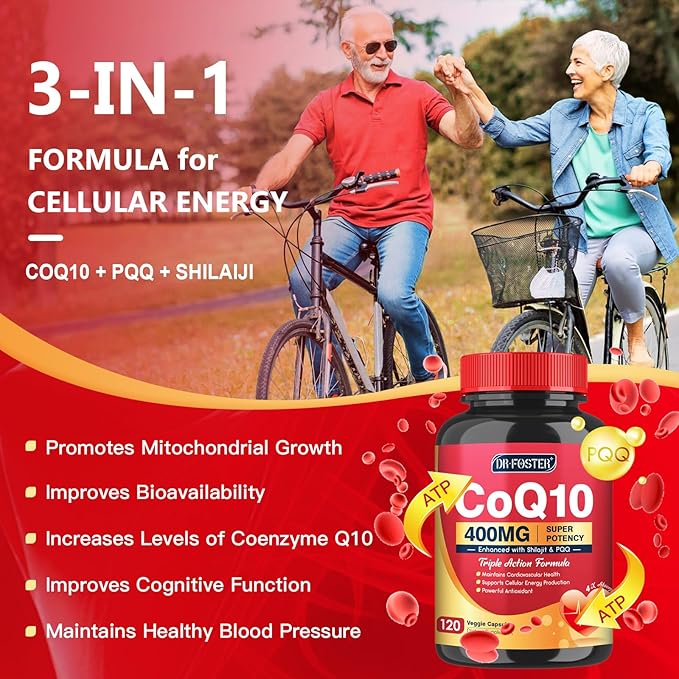 CoQ10 400mg-High Absorption Coenzyme Q10 Supplements with PQQ, Shilajit & Vitamin E, Powerful Antioxidant for Heart & Brain Health and Energy-Production 120 Veggie Capsules