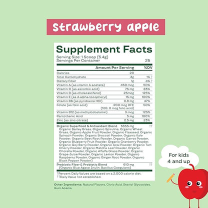 Bloom Nutrition Superfood Greens Powder for Kids, Digestive Enzymes, Probiotics, Prebiotics, Gut Health, Chlorella, Green Juice Mix w/Beet Root Powder (25 Servings (Pack of 1), Strawberry Apple)