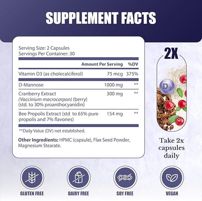 UroBliss Formula for Urinary Tract Support - D Mannose 1000mg Capsules with Cranberry Extract for Feminine Care and UTI-Health, 60 Capsules