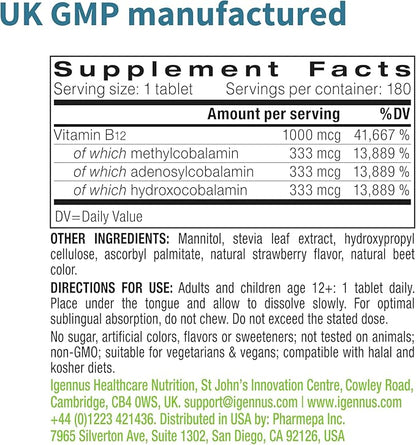 Igennus Super Vitamin B12 Complex 1000mcg Sublingual - Methylated & Clean, Adenosylcobalamin, Methylcobalamin & Hydroxocobalamin, High Absorption, 180 Servings, Sugar-Free & Vegan