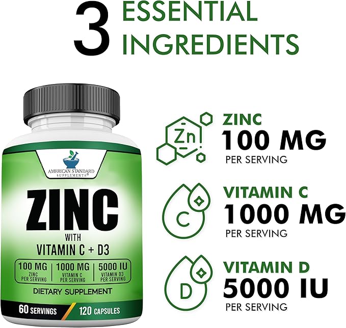 American Standard Supplements Zinc 100mg, Vitamin C 1000mg, and Vitamin D3 5000 IU (125mcg) Per Serving - Gluten Free, Non-GMO, 120 Capsules, 60 Servings
