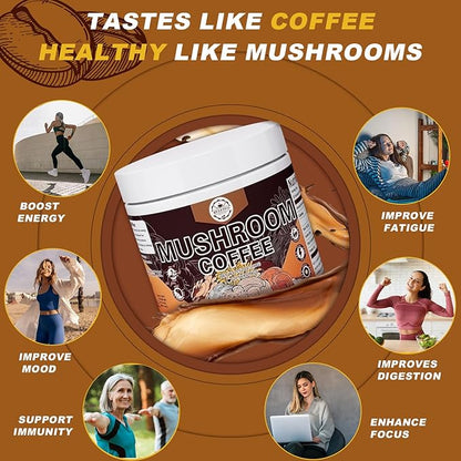 Mushroom Coffee, Instant Mushroom Coffee Mushroom Powder Blend (20 Servings) with Cordyceps, Reishi, Lion's Mane, Shiitake, King Trumpet, Mushroom Supplement for Energy, Focus, Immune Support