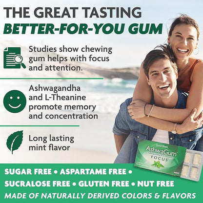 AshwaGum FOCUS Gum by BetterGum, High Potency Brain Supplement with KSM 66 Ashwagandha and L Theanine, Supports Concentration and Memory, Alternative to Gummies, Sugar-Free, 10 Pieces - 6 Pack