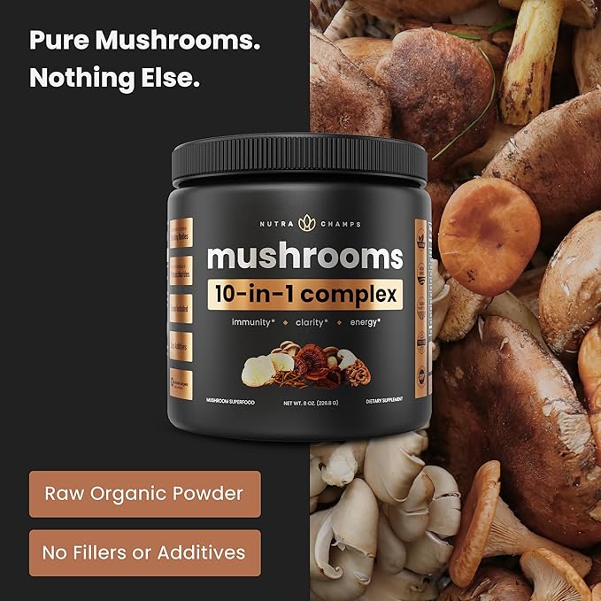 NutraChamps Organic Mushroom Powder - 10-in-1 Complex - Mushroom Supplement Powder Blend for Memory, Focus & Immune Support - 8oz (8.0 OZ, Mushroom Blend)
