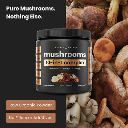 NutraChamps Organic Mushroom Powder - 10-in-1 Complex - Mushroom Supplement Powder Blend for Memory, Focus & Immune Support - 8oz (8.0 OZ, Mushroom Blend)