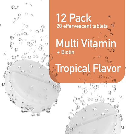 Effervescent Multivitamins + Biotin for Wellness and Vitality Dietary Supplement with Vitamins C, E, B1, B2 B6, B12, A, and D3, 12-Pack, 240 Tablets