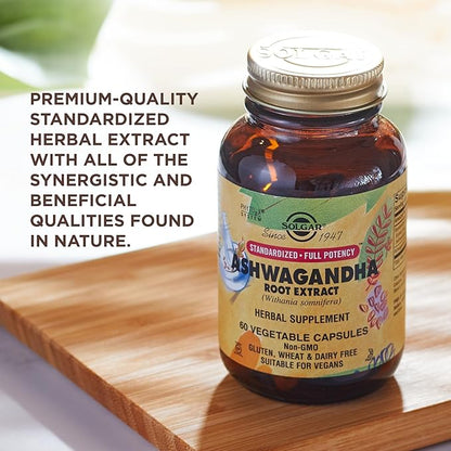 SOLGAR Ashwagandha Root Extract - 60 Vegetable Capsules - Standardized Full Potency (SFP) - Non-GMO, Vegan, Gluten & Dairy Free, Kosher - 60 Servings
